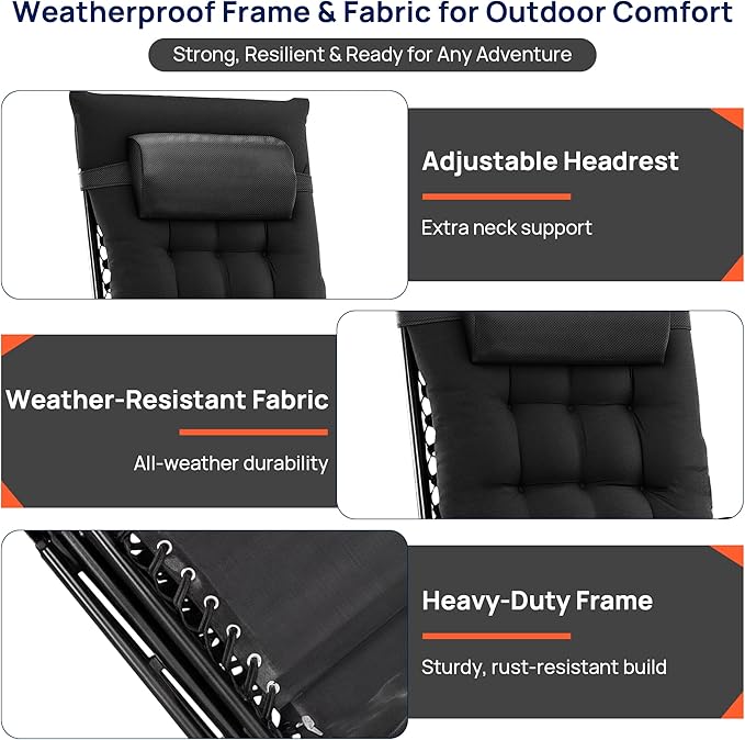 Alpen Oversized Outdoor Zero Gravity Chair, Portable Patio Recliner with Removable Pad and Adjustable Headrest, Lounge Chair with Cup Holder for Outdoor Camping Lawn Balcony, Black