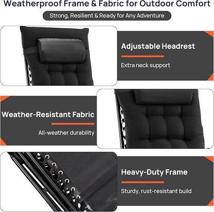 Alpen Oversized Outdoor Zero Gravity Chair, Portable Patio Recliner with Removable Pad and Adjustable Headrest, Lounge Chair with Cup Holder for Outdoor Camping Lawn Balcony, Black