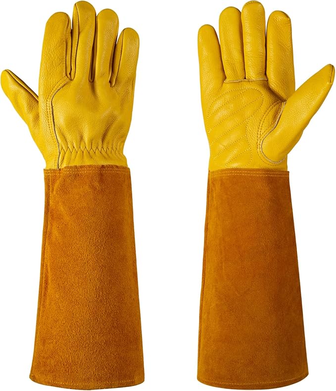 Thorn Proof Gardening Gloves for Men & Women, Long Cowhide Leather Rose Pruning Gloves with Forearm Protection, Puncture Resistant Gauntlets for Cacti, Blackberries & Yard Work(Butter Yellow,Medium)
