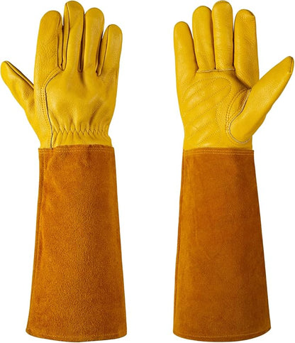 Thorn Proof Gardening Gloves for Men & Women, Long Cowhide Leather Rose Pruning Gloves with Forearm Protection, Puncture Resistant Gauntlets for Cacti, Blackberries & Yard Work(Butter Yellow,Small)