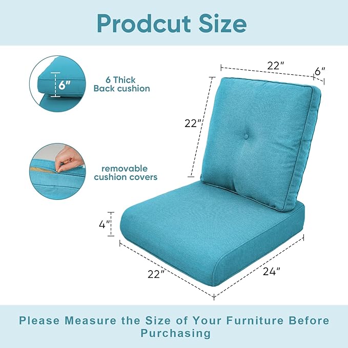 Patio Chair Cushions 5 Packs - Outside 22x24 High Back Water-Resistant Cushion with Zipper Cover for Outdoor Glider Rocking Chairs Loveseat 3-seat Couch Sofa – Teal/Buckle