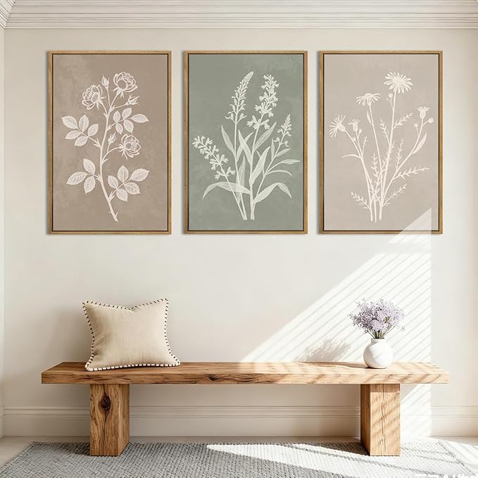 Anyzal Extra Large Boho Botanical Framed Wall Art 24x36 Inch Farmhouse Floral Canvas Wall Decor Neutral Minimalist Plant Painting for Living Room Bedroom Dining Room Set of 3