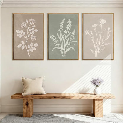 Anyzal Boho Floral Framed Wall Art 12x16 Inch,Farmhouse Flower Botanical Canvas Wall Decor,Retro Floral Art Print,Minimalist Wildflower Boho Plant Artwork for Living Room Bedroom Dining Room Set of 3