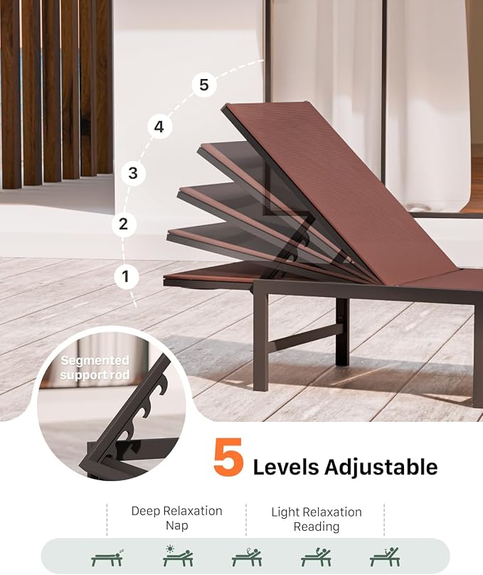 Patio Lounge Chair, Aluminum, 5 Adjustable Backrest,2 Piece,Brown | Lightweight rustproof aluminum.5 adjustable backrest positions.Breathable quick-dry fabric.For poolside,beach,lawn,backyard.