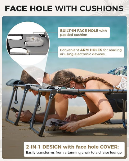 KingCamp 2 Pack Tanning Chair with Face Hole, Lounge Chairs Outdoor Folding Portable Comfy Adjustable 5-Position Foldable Chaise Chaser with Canopy Shade for Outside Beach Patio, Grey