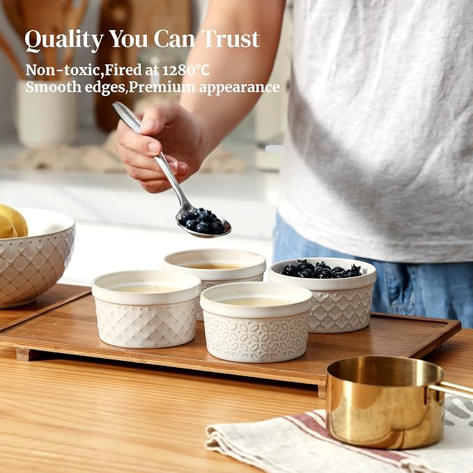 DOWAN Ramekins Oven Safe with Lids 8 oz, Charcuterie Boards Bowls Set for Creme Brulee, Souffle, Dipping Sauces, Custard Cups Ceramic Food Storage Containers, Set of 6, Beige