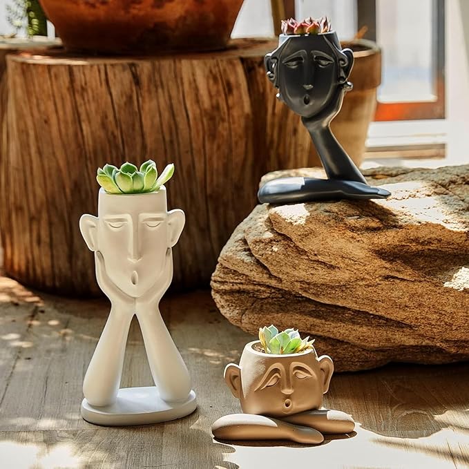 GUTE Human Face Shaped Succulent & Flower Planter Pots - Set of 3- Figurines for Garden - Indoor Outdoor Decorative Garden Figurines, Drainage Holes for Plants Artistic - White, Khaki, Grey