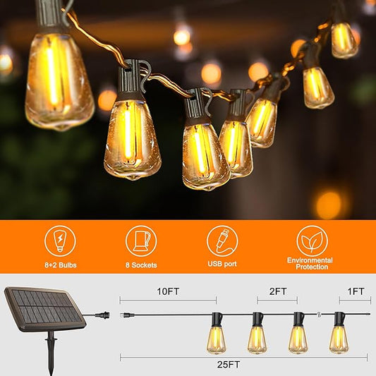 BLIATLUS 25FT Solar String Lights Outdoor Waterproof with Remote Control 8+2 Shatterproof LED ST38 Bulbs for Porch Garden Market Bistro Patio Backyard Fence