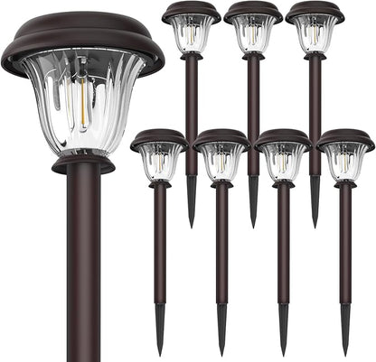 DERAYSION 8 Pack Solar Lights Outdoor, Stainless Steel Glass Solar Pathway Lights, Auto On/Off Long-Lasting Waterproof Garden Lights for Landscape, Path, Yard, Driveway, Walkway Decor (Warm White)