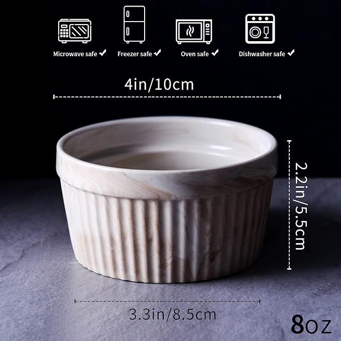 Yundu 8 Ounce Cream Marble Ceramic Ramekins - Perfect for Creme Brulee, Oven Safe, Baking & Souffle - Set of 6