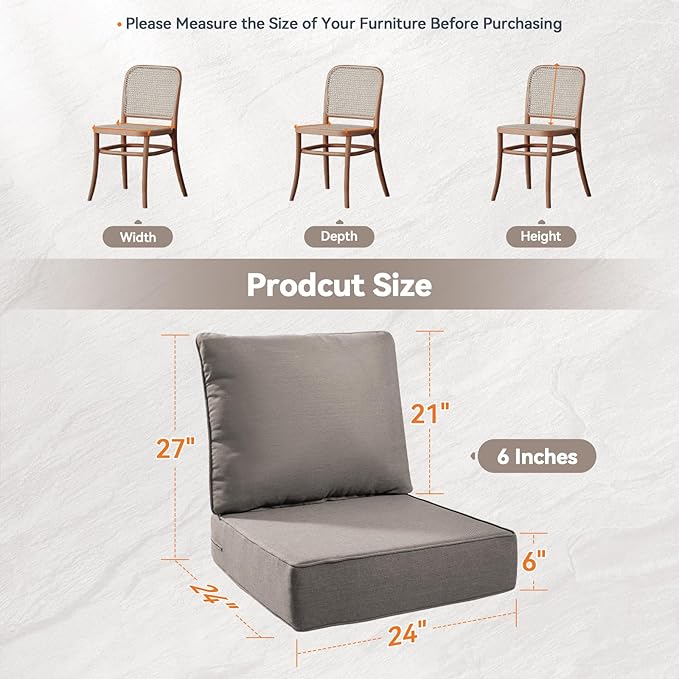Luxury 6" Outdoor Cushions for Patio Furniture, 24x24x6" Thick Seat Cushion Set of 10, Fade Resistant Couch Chair Replacement Cushions High Density Deep Wicker Chair Cushion w/ Removable Cover Gray