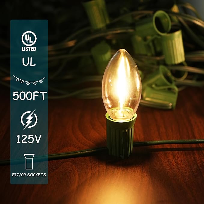 LUCKY TL 500 FT C9/E17 Christmas Light Sockets Spool Set, Green SPT-1 Wire, 12 Inch Spacing, C9 Outdoor String Lights, UL Listed