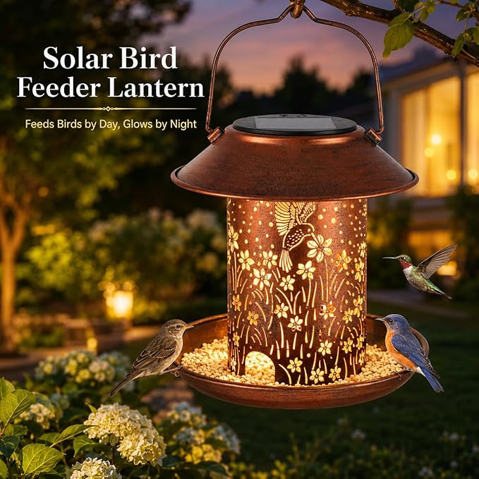 Bird Feeders for Outdoors Hummingbird Solar Lanterns Outdoor Waterproof Hanging Garden Decor Birthdays for Women Mom Metal Solar Decoration Outside for Yard, Patio,
