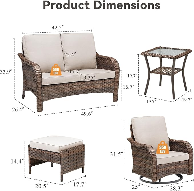 Wicker Patio Furniture Set, 6 Pieces Outdoor Wicker Sofa with Swivel Patio Chairs, Glass Side Table, Ottomans, All Weather High Back Rattan Loveseat Couch with Comfy Cushions, Brown/Beige