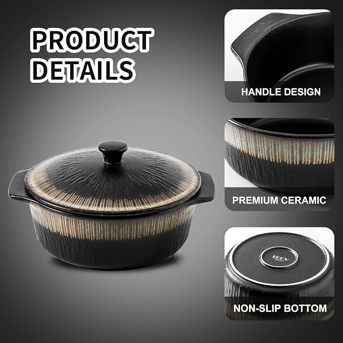 KOOV Ceramic Casserole Dish with Lid, 2 Quart, 9 inch, Rough Black