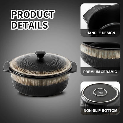 KOOV Ceramic Casserole Dish with Lid, 2 Quart, 9 inch, Rough Black