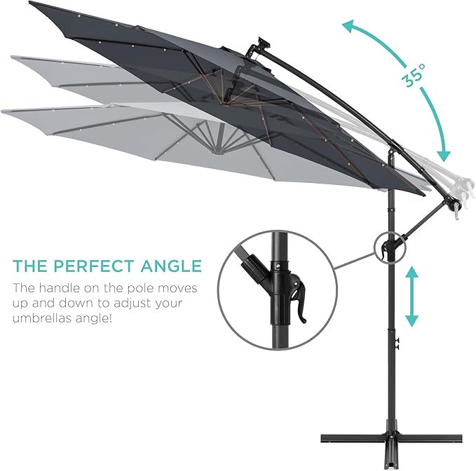 Best Choice Products 10ft Solar LED Offset Hanging Market Patio Umbrella for Backyard, Poolside, Lawn and Garden w/Easy Tilt Adjustment, Polyester Shade, 8 Ribs - Slate