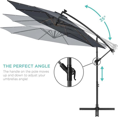 Best Choice Products 10ft Solar LED Offset Hanging Market Patio Umbrella for Backyard, Poolside, Lawn and Garden w/Easy Tilt Adjustment, Polyester Shade, 8 Ribs - Slate