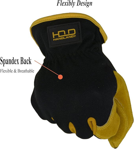 HANDLANDY Men Leather Gardening Gloves, Utility Work Gloves for Mechanics, Construction, Driver