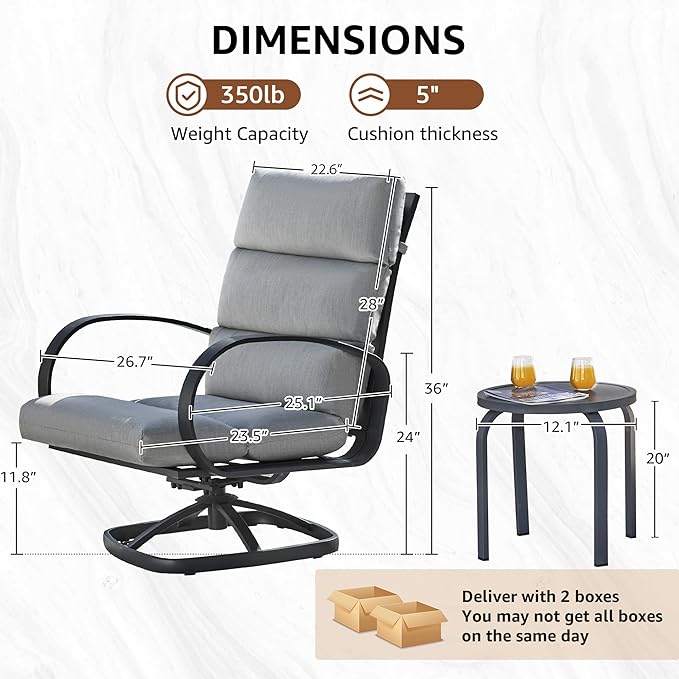 NATURAL EXPRESSIONS Patio Bistro Set, 3 Piece Outdoor Swivel Glider Rocking Chairs, Conversation Furniture with 2 Highback Rockers, 1 Table and 5" Cushion for Backyard,Porch,Yard,350lb. (Grey)