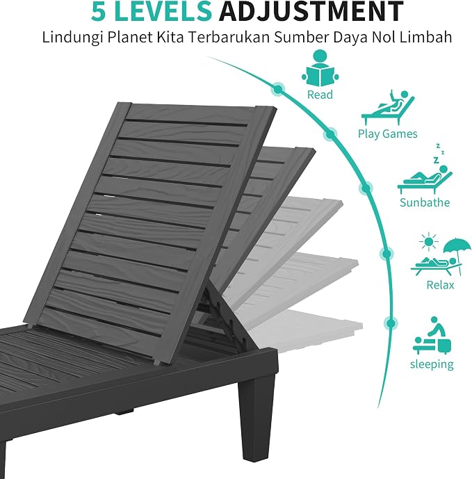 Outdoor Lounge Chair Set of 2 with 1 Black Side Table, 5-Positions Adjustable Patio Chaise Lounge with End Table, Waterproof Pool Lounge Chairs for Poolside, Backyard, Striped Black