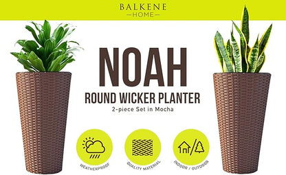 Balkene Home Noah Round Wicker Planter Tall Planter Decor Box for Adaptable Outdoor Furnishings All Weather Versatile Perfect Patio Herb Garden Living Space - 2 Piece Set - Mocha