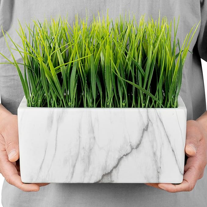 MyGift 10 Inch Artificial Green Grass Plant in Rectangular White Marble Pattern Ceramic Planter Pot
