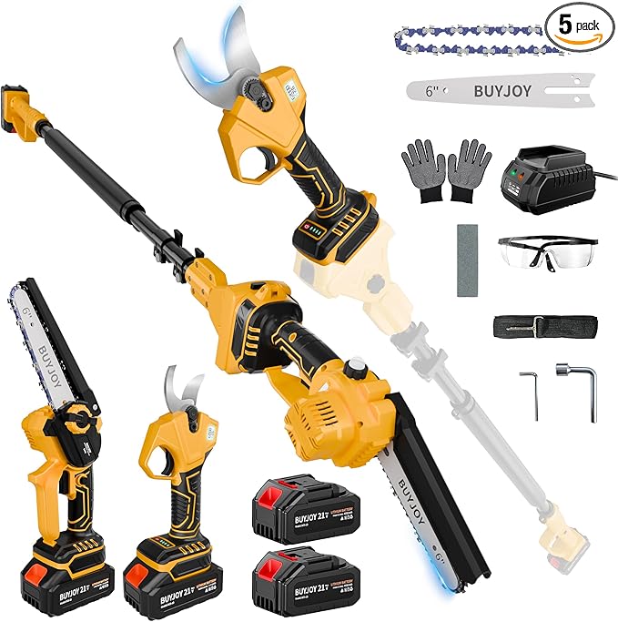 4-in-1 Pole Saw & Electric Pruning Shears, 1.4" Cutting Diameter Cordless Pruner, 6 Inch Chainsaw for Tree Trimming, 9.5ft Max Extension Pole, 2 x 4.0Ah Batteries, Battery Powered Pole Saw for Garden