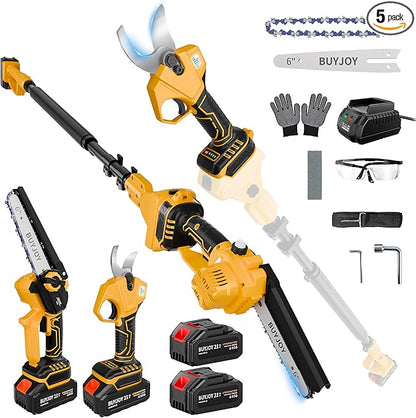 4-in-1 Pole Saw & Electric Pruning Shears, 1.4" Cutting Diameter Cordless Pruner, 6 Inch Chainsaw for Tree Trimming, 9.5ft Max Extension Pole, 2 x 4.0Ah Batteries, Battery Powered Pole Saw for Garden