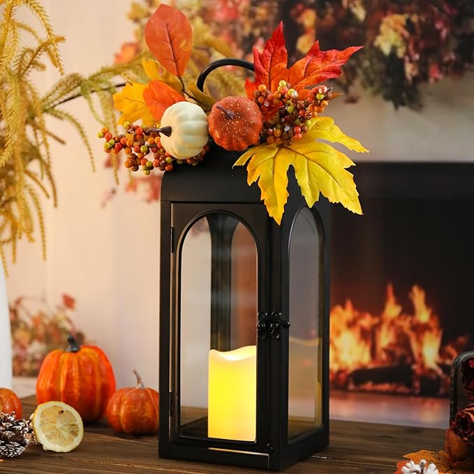 Thanksgiving Outdoor Decorations Lantern 2Pack, Fall Decorations for Home Waterproof 16" Battery Powered Decorative Lanterns Metal Hanging LED Candle Holder, Flameless Candle Lantern for Indoor
