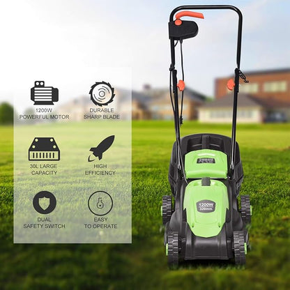 Goplus Lawn Mower, 13 Inch 2-in-1 Electric Lawn Mower with Grass Collection Bag, Folding Handle, Adjustable Cutting Height, Corded Push Lawn Mowers for Garden Yard, 12 Amp (Green)