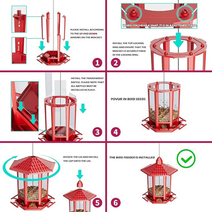 Birdream 2 Pack Bird Feeders for Outdoor Hanging, Retro Pagoda Design Fun Installation Bird Feeder, Attracting Wild Birds Chickadees Goldfinches Cardinals Finches and Sparrows - Red