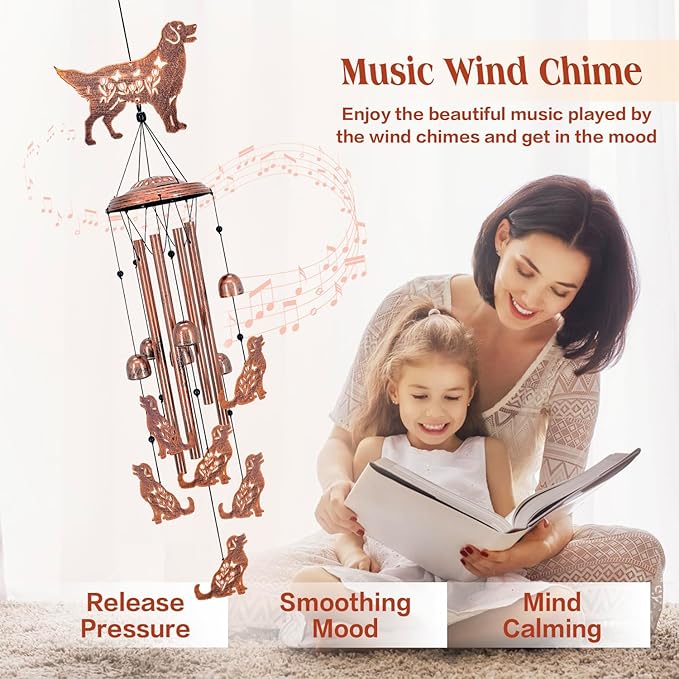 Golden Retriever Dog Wind Chimes Outdoor Dog Gifts for Women Mom Men Dad Unique Birthday Metal WindChimes for Outside/Indoors, Patio, Lawn, Yard, Home Decor, Outdoor Decor, Garden Decorations
