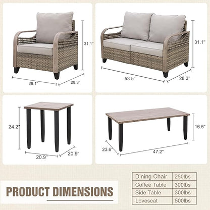 Modern Wicker Patio Furniture Set, Rattan Outdoor Conversation Set with Comfortable Cushions, 2 Patio Chairs, 2 Seat Loveseat, Coffee Table and Side Table, 5 Pieces, Brown/Gray