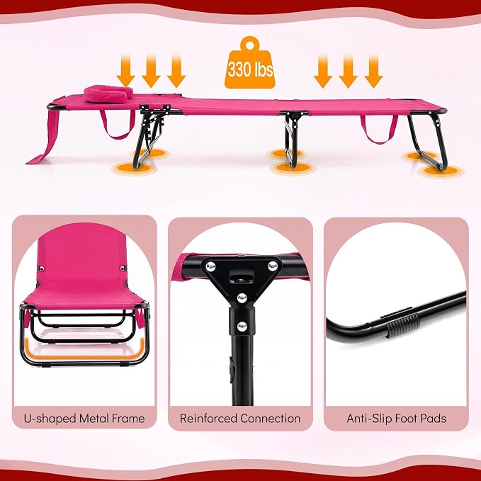 Giantex Folding Beach Tanning Chair - Adjustable Patio Lounge Chair w/Face Hole, Removable Pillows, Carry Strap, Layout Chair, Sunbathing Chaise Lounge Outdoor for Poolside Yard Lawn (2, Pink)