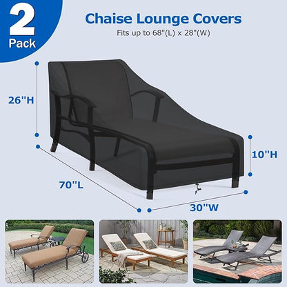 SunPatio Chaise Lounge Covers Outdoor Waterproof, 2 Pack Patio Lounge Chair Covers with Windproof Straps, Outdoor Patio Furniture Protector All Weather Protection, 70" L x 30" W x 26" H, Black