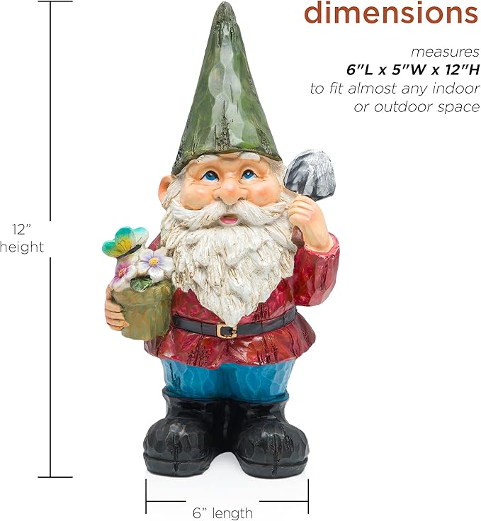 Alpine Corporation 12" Tall Outdoor Garden Gnome with Flower Pot Yard Statue Decoration