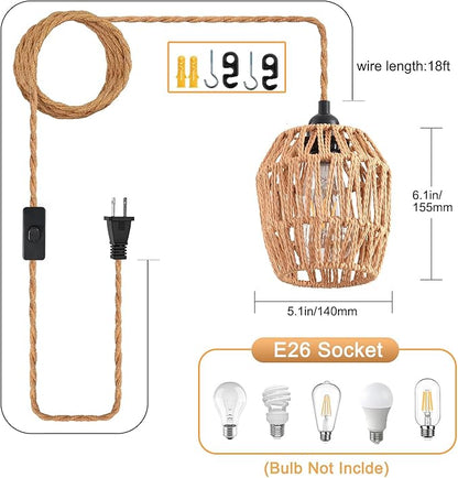 Plug in Pendant Light, Industrial Hanging Light with Plug in Cord Hemp Rope On/Off Switch Farmhouse, Vintage Pendant Light Fixture, Hanging Lamps for Dining Room