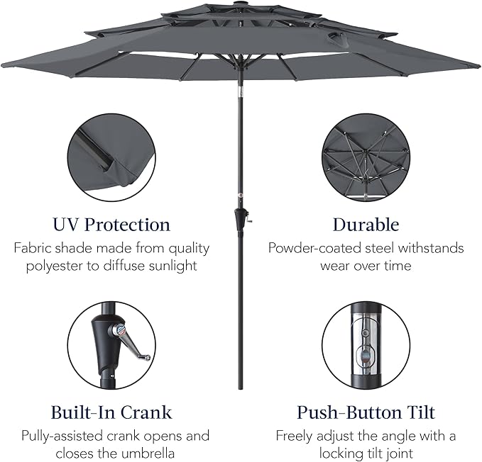Best Choice Products 10ft 3-Tier Market Patio Umbrella, Outdoor Sun Shade with Tilt, Crank Lift, 8 Ribs for Backyard, Deck, Poolside – Slate