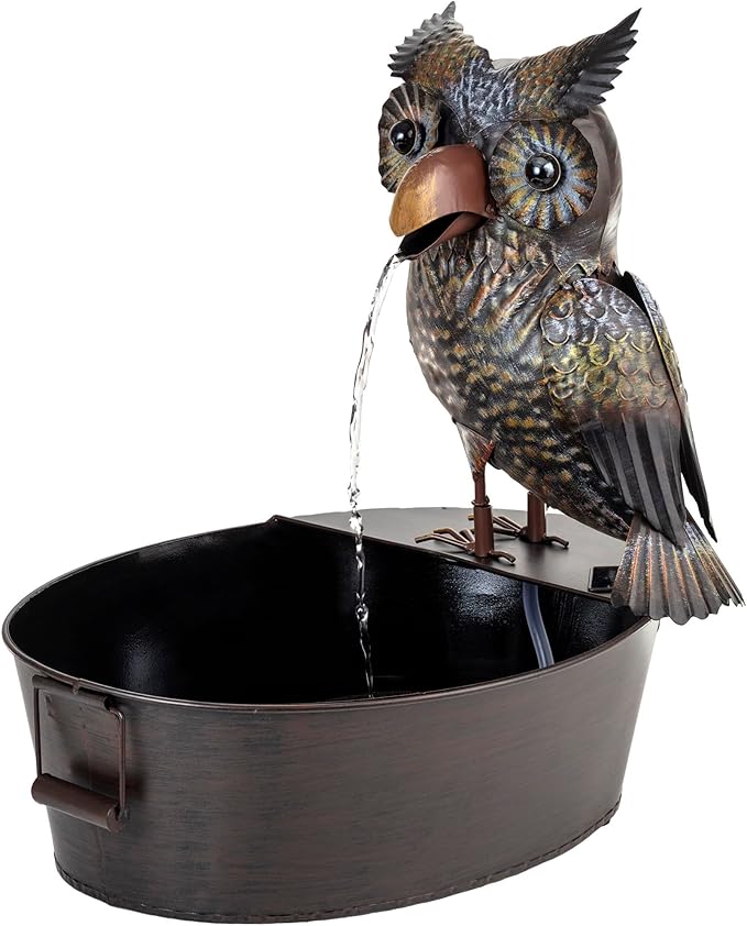 Alpine Corporation NCY294 23" Outdoor Floor Soothing Metal Water Fountain, Vintage Owl Garden Water Feature with Cascading Water for Patio & Backyard Décor, Brown