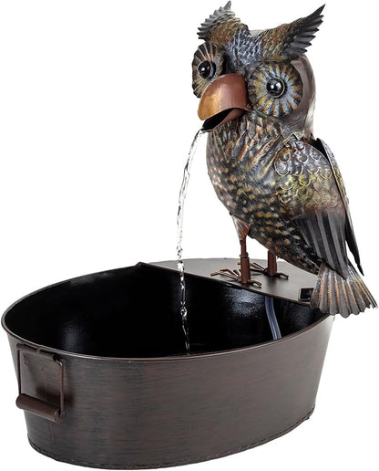 Alpine Corporation NCY294 23" Outdoor Floor Soothing Metal Water Fountain, Vintage Owl Garden Water Feature with Cascading Water for Patio & Backyard Décor, Brown