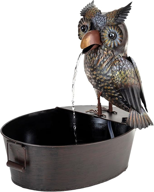 Alpine Corporation NCY294 23" Outdoor Floor Soothing Metal Water Fountain, Vintage Owl Garden Water Feature with Cascading Water for Patio & Backyard Décor, Brown