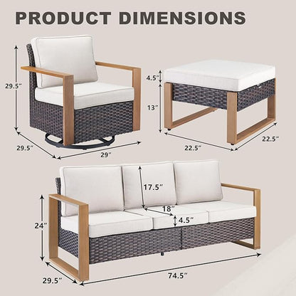 Rilyson Outdoor Wicker Patio Furniture Set - 7 Piece Patio Conversation Set with 4 Wicker Swivel Rocker Chairs,2 Rattan Ottoman and 1 Couch,Thick Cushions,Deep Seating,Wide Armrest(Brown/Beige)