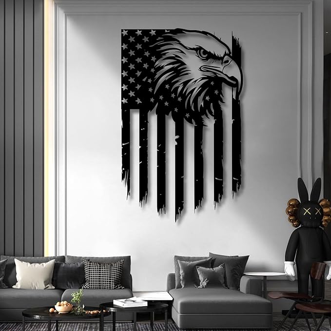 American Eagle Metal Wall Art, US Flag Decor, Large Eagle Wall Sign, Fourth of July Independence Day, Metal Hanging, Patriotic Gift (19x12 inches / 47x29cm, Style 3)