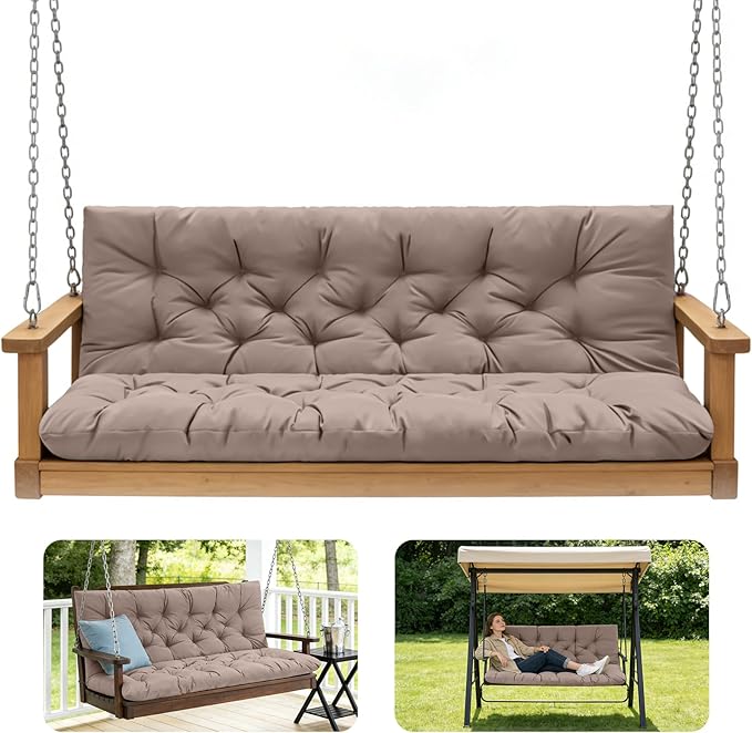 Porch Swing Cushions,Outdoor Cushions 3 Seater Replacement with Backrest, Waterproof Thickened Bench Cushion with Ties for Porch, Patio,Outdoor, Backyard and Garden (Khaki 40 * 40 in)
