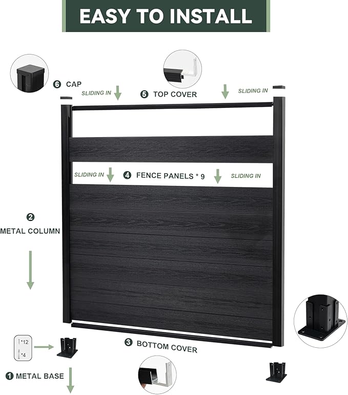 Mondaria Privacy Fence Panels for Outside,6ft(W) x 6ft(H) Outdoor Privacy Panels with 1 Post,Wind Resistant Wood Plastic Composite Fencing Panels for Patio,Backyard,Garden and Swimming Pool(Black)