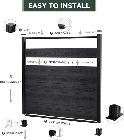 Mondaria Privacy Fence Panels for Outside,6ft(W) x 6ft(H) Outdoor Privacy Panels with 1 Post,Wind Resistant Wood Plastic Composite Fencing Panels for Patio,Backyard,Garden and Swimming Pool(Black)