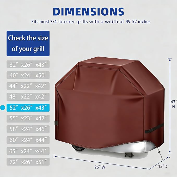 BBQ Gas Grill Cover for Outdoor, Anti-UV, Rip-Proof, 600D Oxford Fade Resistant Material, Barbecue Cover with Hook and Loop Straps & Adjustable Hem Drawstring (Reddish Brown, 52”x26”x43”)