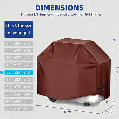 BBQ Gas Grill Cover for Outdoor, Anti-UV, Rip-Proof, 600D Oxford Fade Resistant Material, Barbecue Cover with Hook and Loop Straps & Adjustable Hem Drawstring (Reddish Brown, 52”x26”x43”)