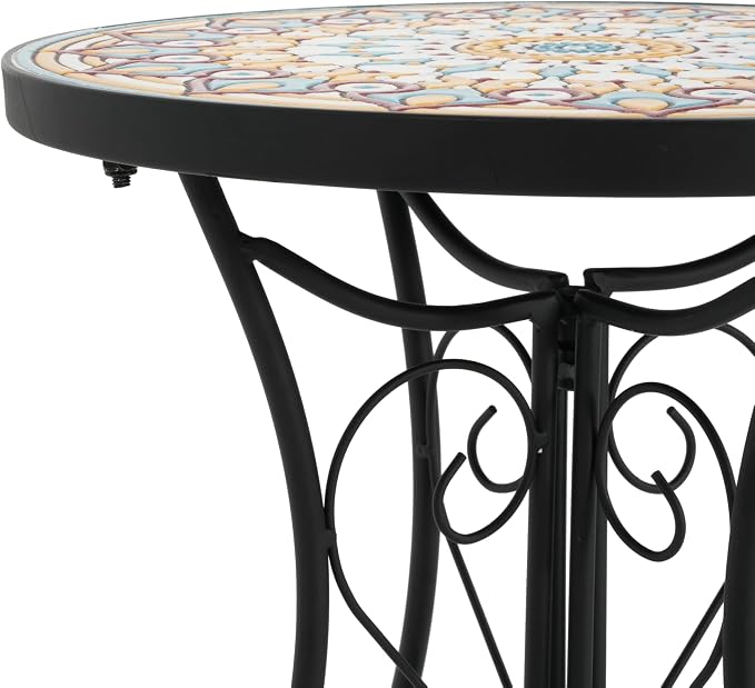 Merax Patio Side Table for Small Space, 22.45" Height Metal Outdoor Indoor Round Side Table, French Country Style, Floral Design Small End Table for Yard Porch Balcony Garden, Brown+Black